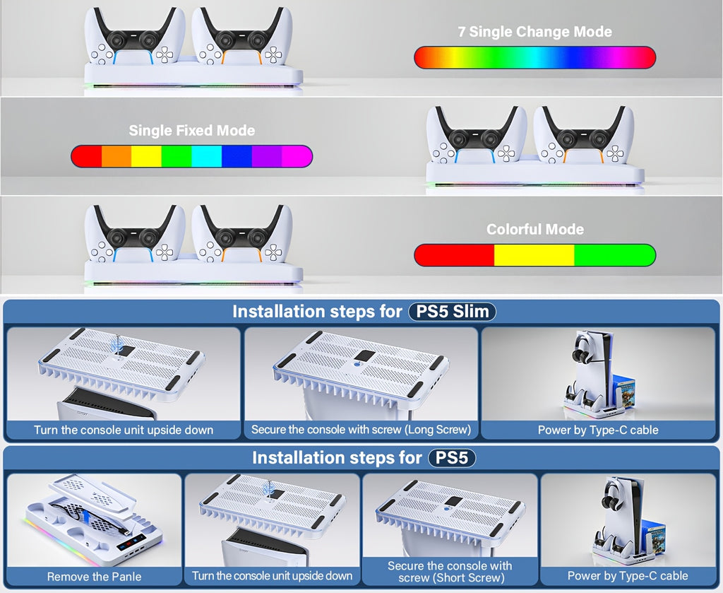 Cooling Station for PS5/Slim, Cooling Stand with LED Light, Dual Charging Station Compatible with Controller, Headset And Remote Holders, 16 Game Slots(NOT Compatible with PS5 Pro) - Christmas Gifts