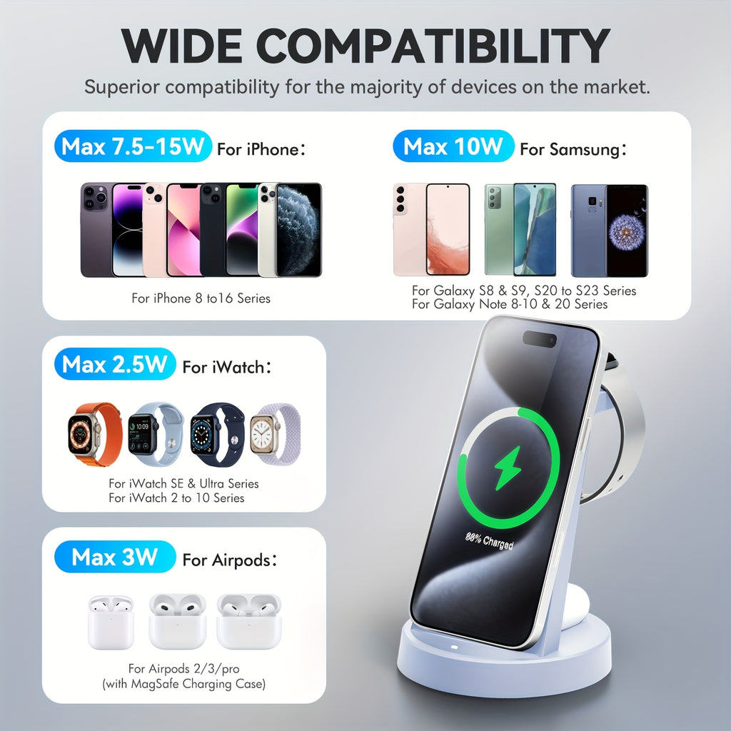 3 in 1 Wireless Charger, Wireless Charging Station, Fast Travel Wireless Charging Dock Stand for Multiple Devices, for Iphone 17 Pro Max 17 Pro 17 16 15 14 13 12 11 Pro Max 8, for Iwatch 11 10 9 8 7 6 5 4 3 2 SE Ultra, for Valentine'S Day Gifts