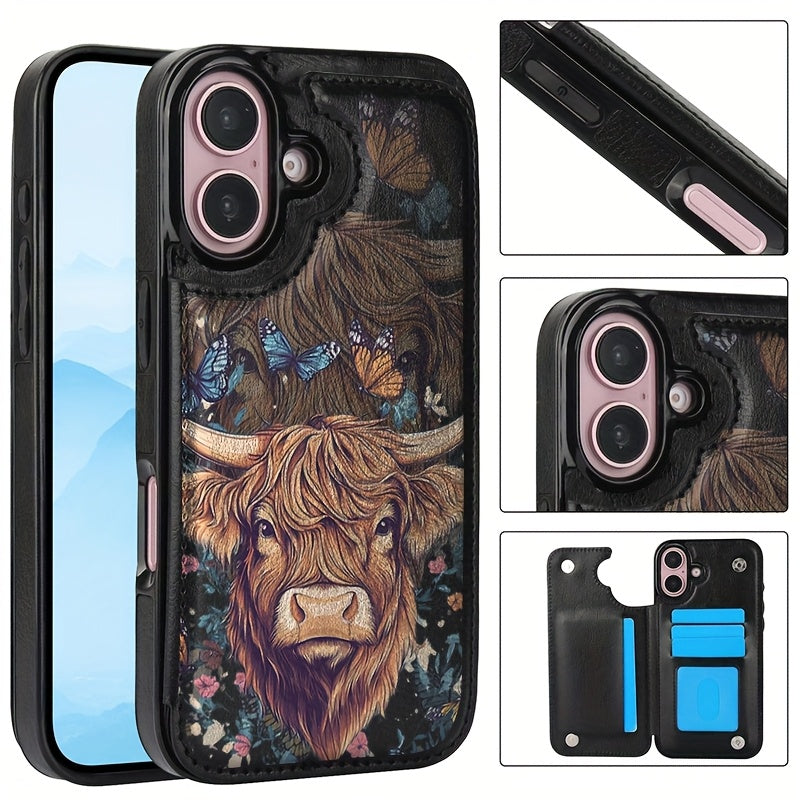 Phone Case: Flower Butterfly Wreath Yak Pattern Multifunctional Phone Case, Suitable for iPhone 16 Pro Max 15 14 13 12 Pro Mini Plus Fashion Design Clip, Flip up Wallet Cover with Bracket