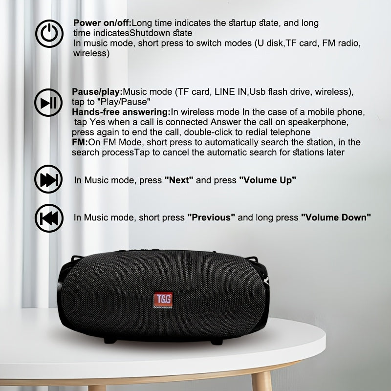 TG534 Portable Wireless Speaker With Dual Speakers, Wireless Speaker, TWS Stereo Hi-Res Audio, Hands-free Call/FM/TF Card/U Disk, Connect To Mobile Phone/Tablet/TV, Support Plug-in Card U Disk, Compatible With TF Card/USB Drive/FM Built-in Microphon