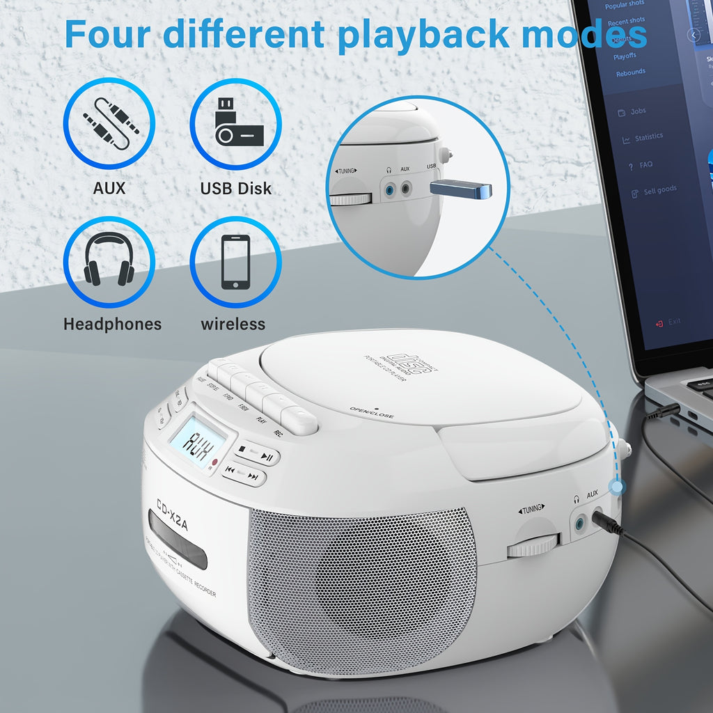 [CD Cassette Player Boombox] CD Player Boombox CD Player And Cassette Player Combo, AM FM Radio Stereo Sound With Remote Control, Ac/Battery Operated, LCD Display, Support AUX USB Earphone Jack For Home