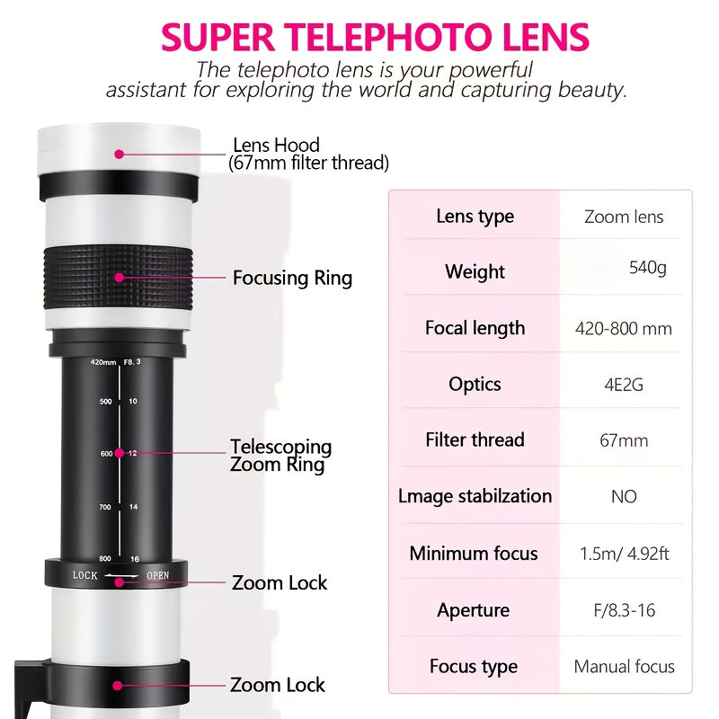 420-800mm F8. 3-16 Telephoto Zoom Lens(Mf) + T-Mount for Canon & for Nikon & for Sony Mount, Very Suitable for Outdoor Shooting, Moon Photography