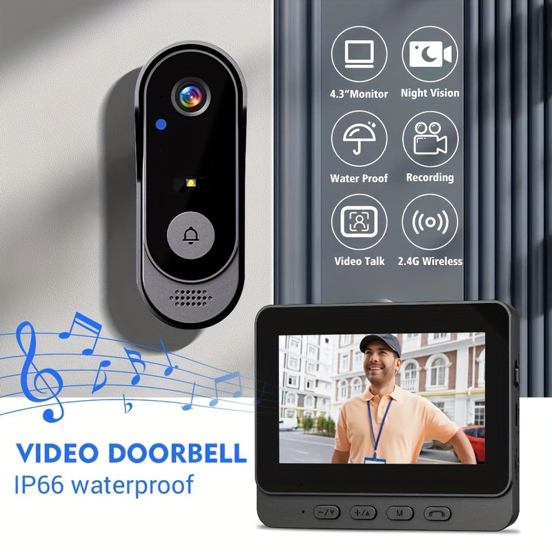 Smart HD WiFi Doorbell, High Quality High-Quality Wireless Camera with Night Vision, Voice Converter, Photos & Videos, 4.3-Inch Screen, 365-Day Standby, Infrared Night Light, Expandable to 128GB Storage, Auto-Recording and Live Call, Home Pet