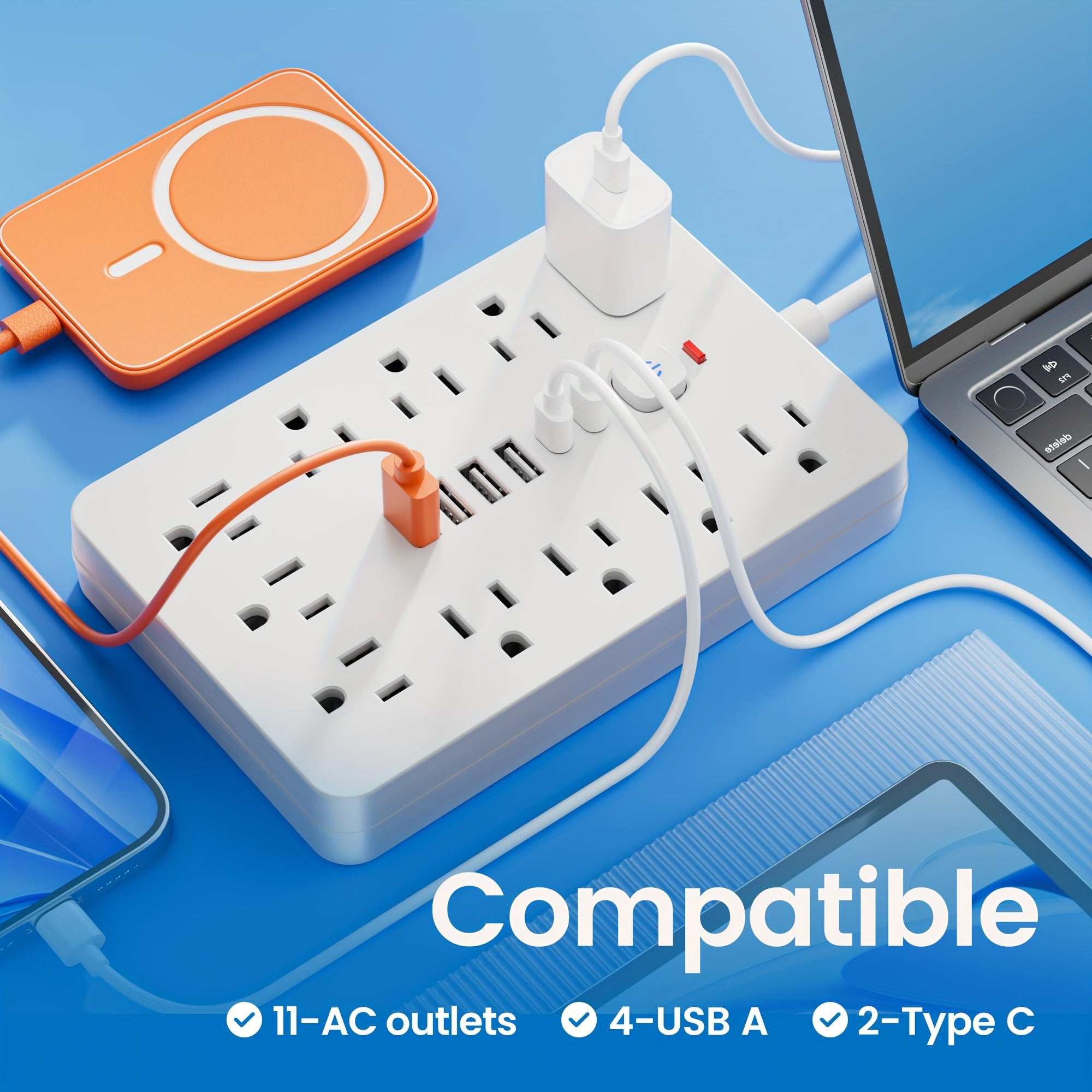 17-in-1 Flat Plug Power Strip Surge Protector with 11 Spacious AC Outlets and 6 USB Ports (including 2 Type-C) with Overload Protection