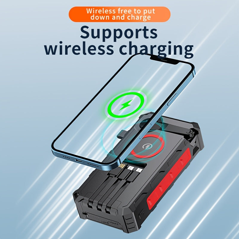 This 30000Mah Power Bank Features a Wireless Charger, a Hand Crank with a Wire, And Includes Three Cables. It Supports 15W Fast Charging with Seven Output Ports And Four Input Options, And It Is a Solar-Powered Portable Charger Equipped with SOS