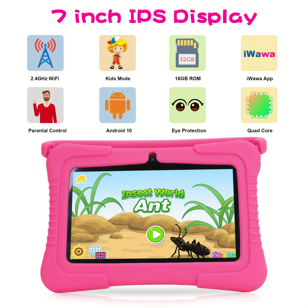 [Android Tablet] Veidoo 7-Inch Kids Tablet, 1GB RAM 16GB ROM / 2GB RAM + 32GB ROM, Eye-Protection Screen, WiFi, Dual Cameras, Educational Games, Parental Control App, Android Tablet With Drop-Proof Silicone Case (Pink)