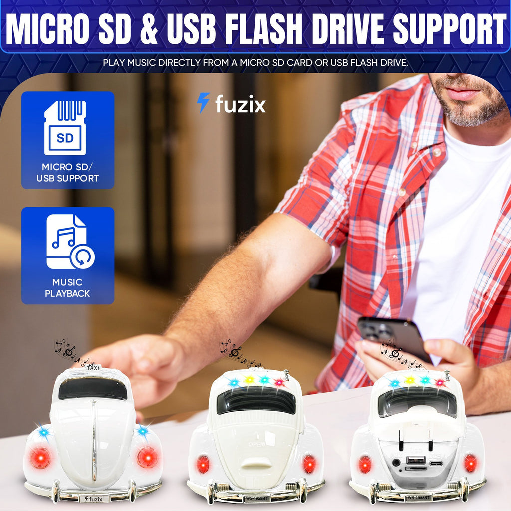 Fuzix WS-1958 Car Bluetooth Portable Speaker, Retro Car-Style Wireless Stereo Speaker with LED Headlights and Taillights, AUX/USB/TF/FM Radio Support, Rechargeable Battery, Clear and Powerful Sound Quality, Multiple Playback Modes, High-Quality Festival G
