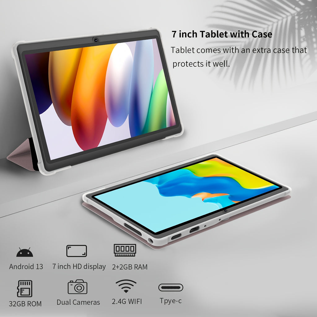 7-Inch Android 13, 4GB RAM (2G+2G Memory Expansion), 32GB ROM, Protective Case, Supports 1TB Storage Capacity, 3500Mah Battery, HD 1024*600 Ips Screen, Dual Camera, Classic Style Wifi Tablet PC, Tablet, Pad, Tablet, Pad