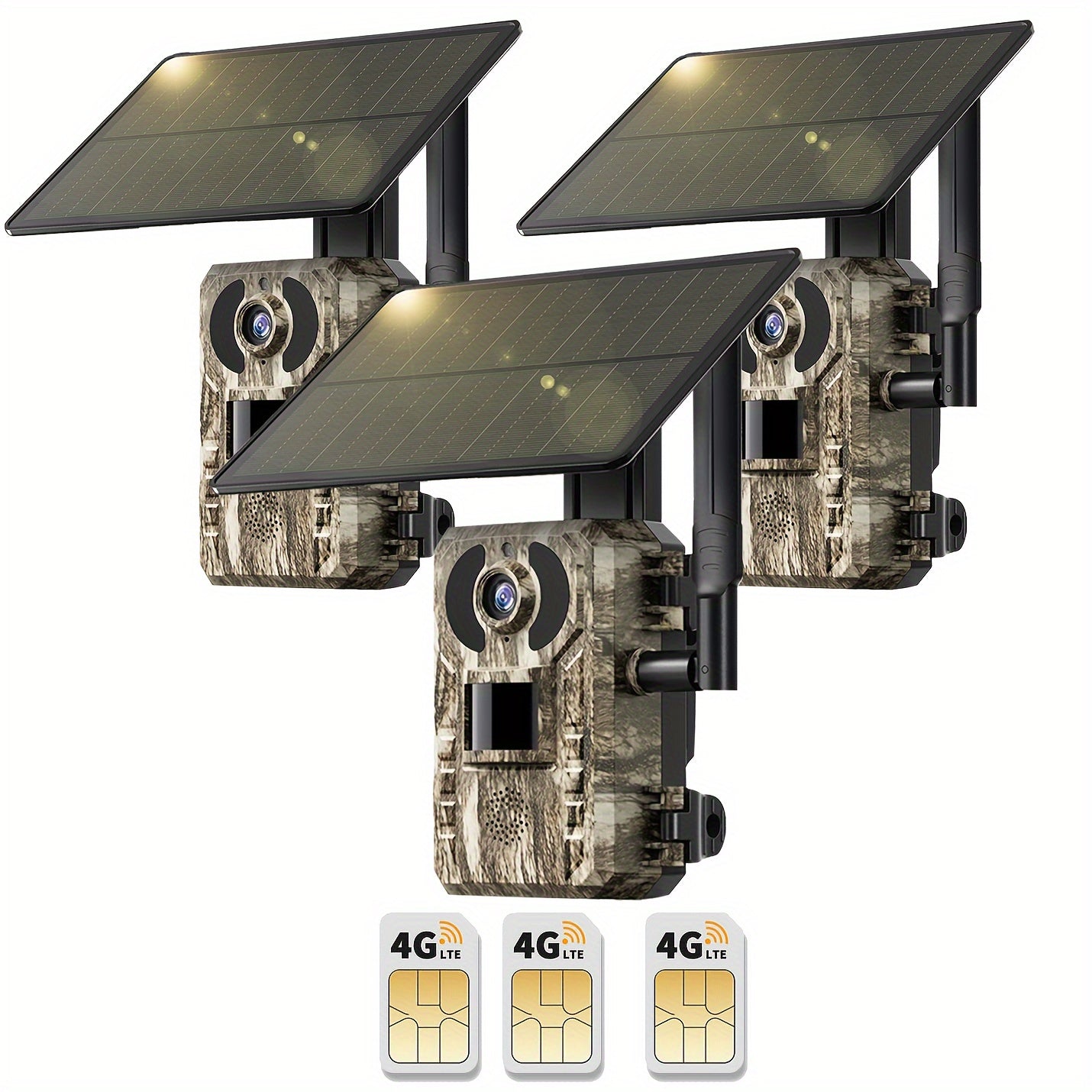 4pcs 4G LTE Cellular Trail Cameras with Ultra-HD Live View, Automatic Night Vision, A Built-in SIM Card, Remote Phone Access, 0.2s Motion Activation, And A Solar Panel for Use In Areas Without WiFi Signals. IP65 Waterproofing Makes Them Ideal for Hunting
