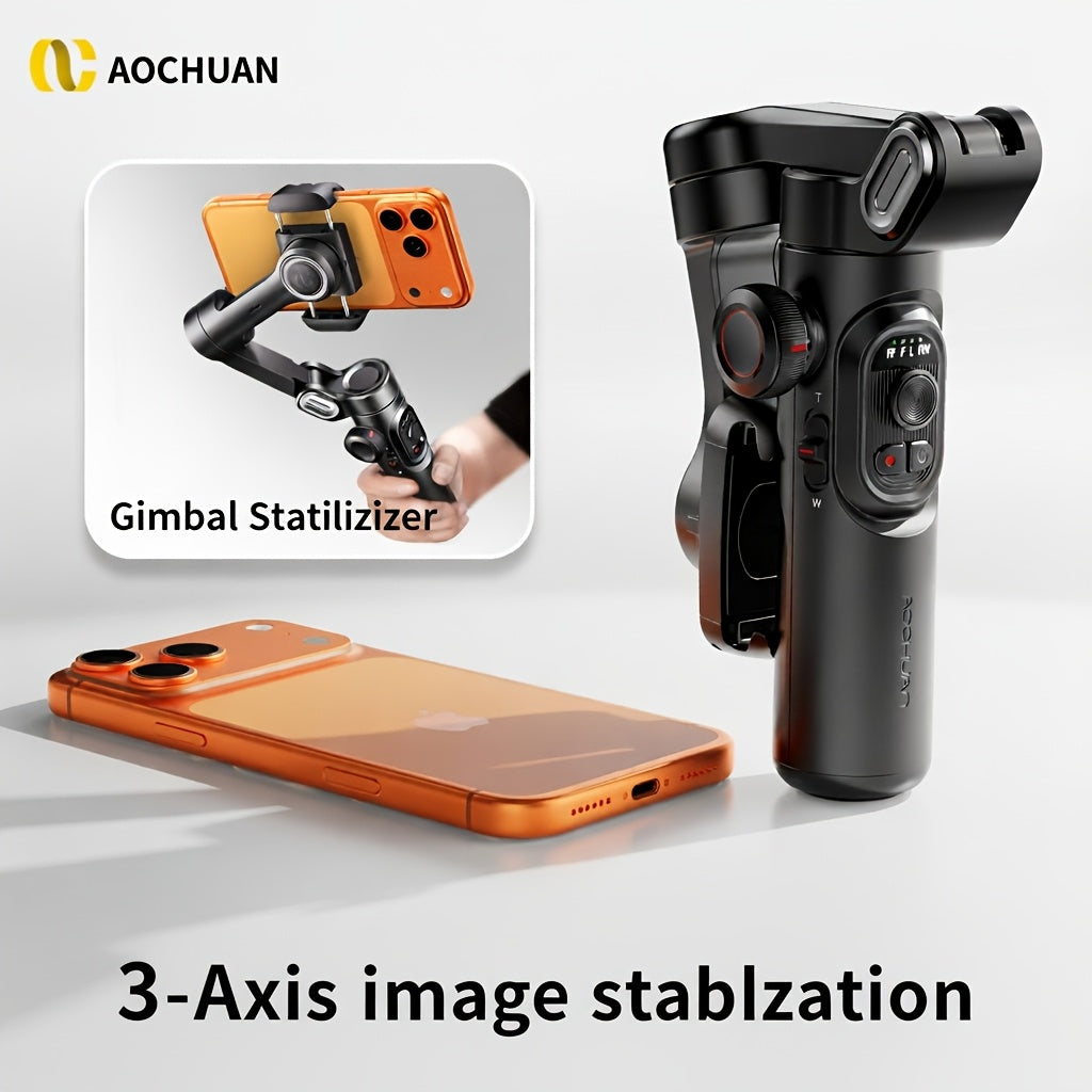 [Gimbal Stabilizer] AOCHUAN Foldable Portable Gimbal: 3-axis Stabilization, 360-degree Rotation, AI Automatic Face Tracking, Built-in Extendable Pole, Magnetic Wireless Remote Control With Panoramic Gesture Control Ideal For Vlogging