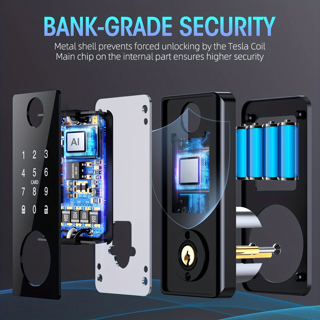 Smart Door Lock - Fingerprint Door Lock - Keyless Entry Door Lock - 5-in-1 Smart Door Lock (100 Fingerprints/IC Card/Passcode/APP/Key), Easy Installation, Home Security, Suitable for Home Entrances/Hotels/Apartments.