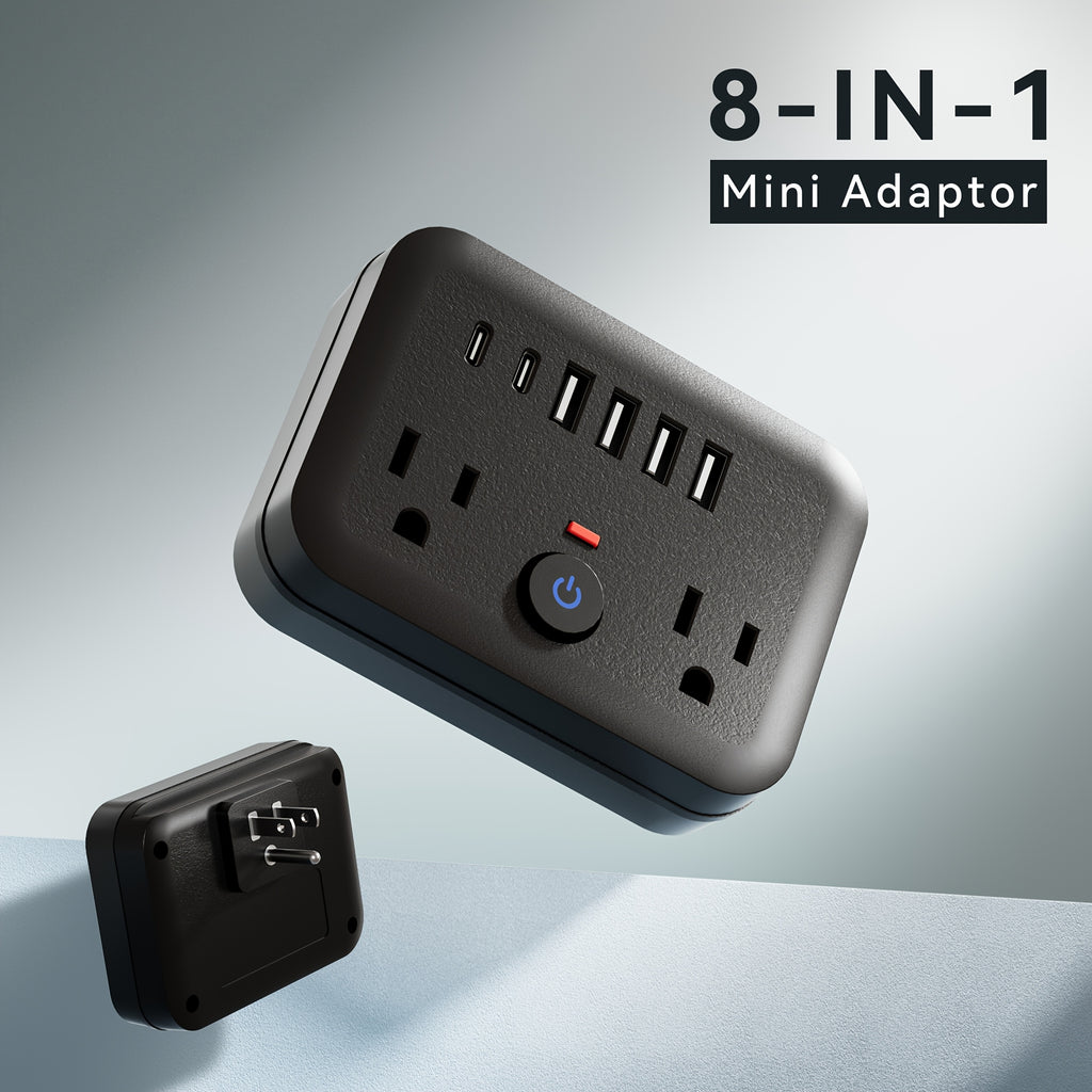 Mini Portable Surge Protector Power Strip, 8-in-1 Multifunction with 2 Outlets, 4 USB Ports, 2 USB-C Jacks, Overload Protection, US Plug, Wall-Mounted for Home, Travel, Office - Black & White, Travel Accessory | Sleek Black Design | Multi-port Surge