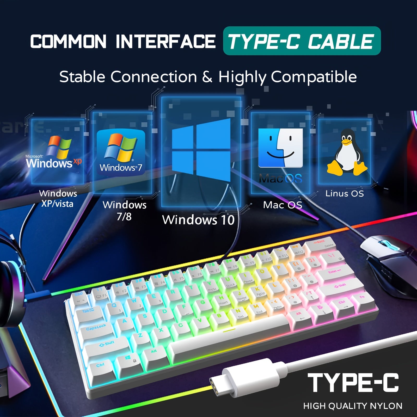 Wired 60% Mechanical Gaming Keyboard RGB Backlit 61 Keys Ultra-Compact Blue Switch