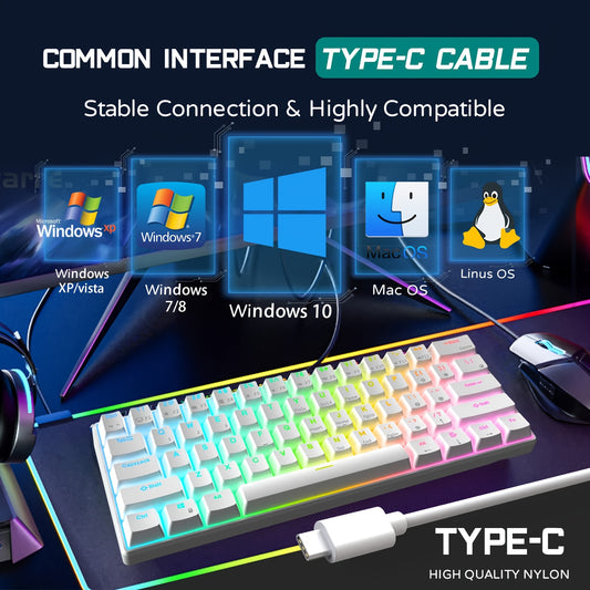 Wired 60% Mechanical Gaming Keyboard RGB Backlit 61 Keys Ultra-Compact Blue Switch