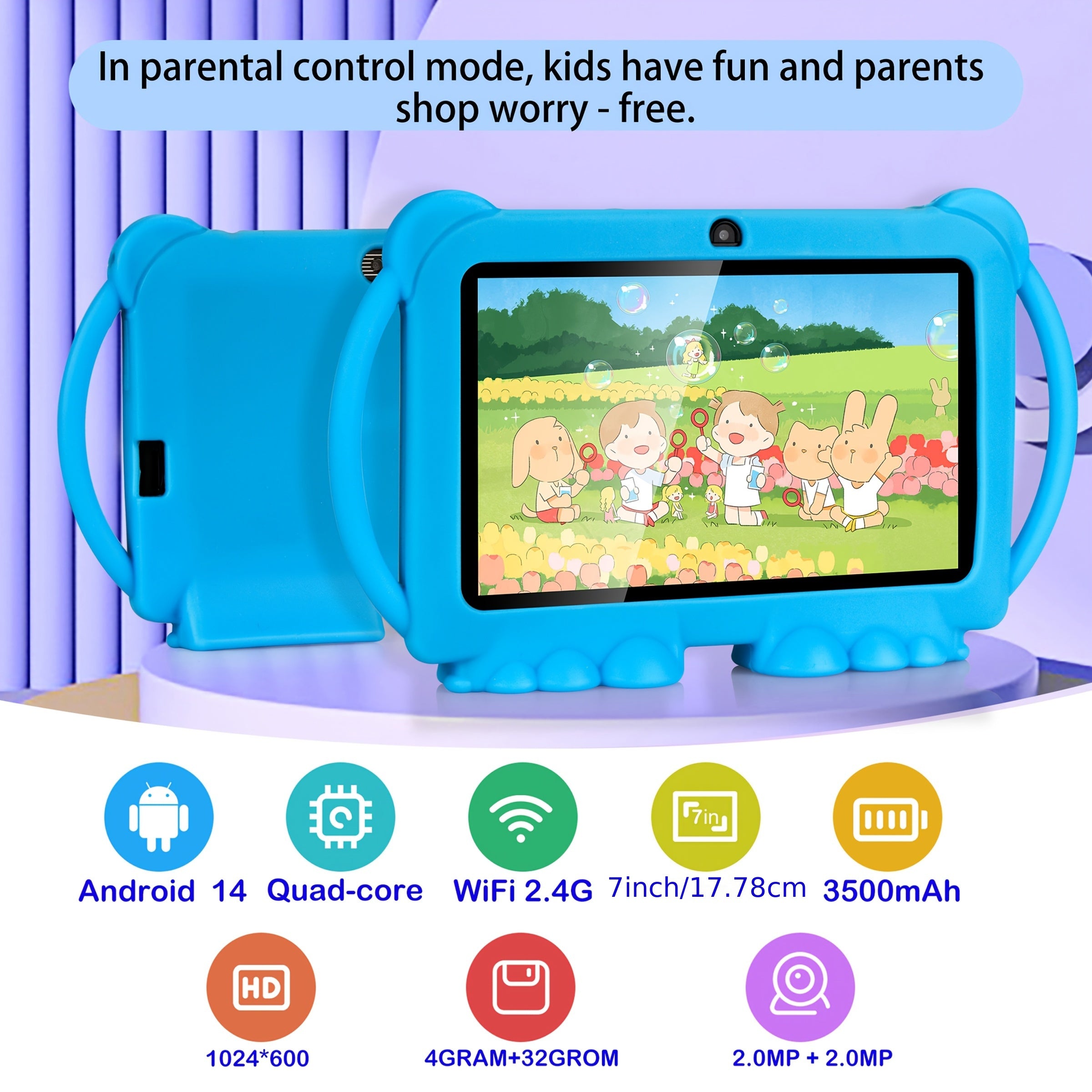 [Christmas Gift] ITMEIPC 7-inch Android 14 Tablet with Protective Case | 4GB RAM, 32GB ROM, Mali T820 MP1 Quad-Core Processor, HD IPS Display, Parental Mode, Dual Camera, Shockproof Case, Supports USB OTG, Wi-Fi 6, Blue/Pink - Perfect Christmas Gift for S