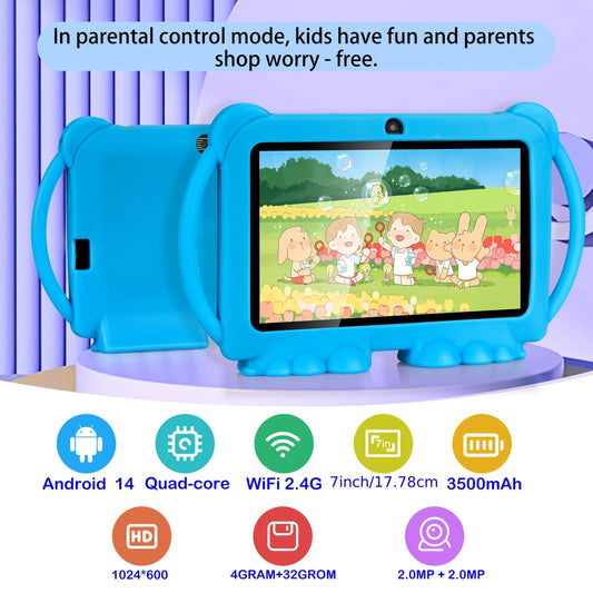[Christmas Gift] ITMEIPC 7-inch Android 14 Tablet with Protective Case | 4GB RAM, 32GB ROM, Mali T820 MP1 Quad-Core Processor, HD IPS Display, Parental Mode, Dual Camera, Shockproof Case, Supports USB OTG, Wi-Fi 6, Blue/Pink - Perfect Christmas Gift for S