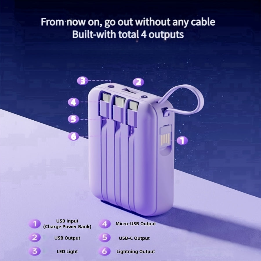 [Portable Travel Charger] 10000mAh Mini Cute 5W Slow Charging/15W Fast Charging/22.5W Super Fast Charging Multifunctional Power Bank Rechargeable Portable Mobile Phone Charger Built-in 4 Cables Ultra-Bright LED Lights Outdoor Travel Battery Packs Digital