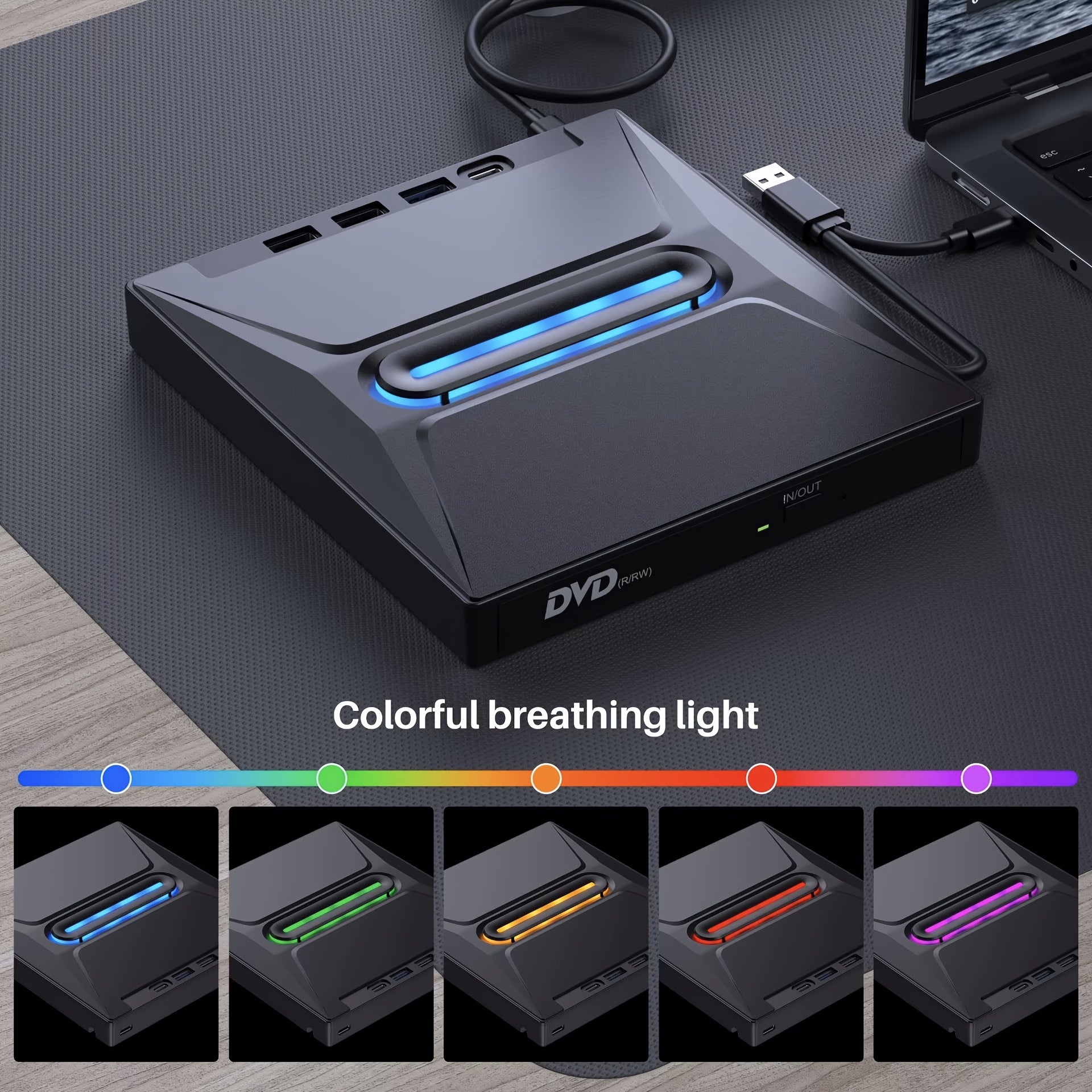 New 8-in-1 Luminous External CD DVD Drive, USB 3.0 Type-C Portable CD/DVD +/-RW Burner Player Hub With 3 USB Ports, TF/SD Card Reader, Compatible With Laptop Desktop PC Windows Linux OS