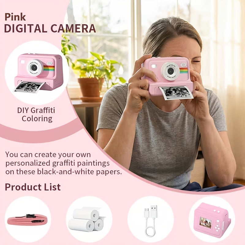Portable Instant Photo Digital Camera, 1-Second Instant Photo Printing, Video Selfie Camera, 1080P HD Screen, Supports Photo Printing, Photography, USB Cable, Lanyard, Three Rolls of Print Paper, Holiday Birthday Gift, Portable Travel Printing