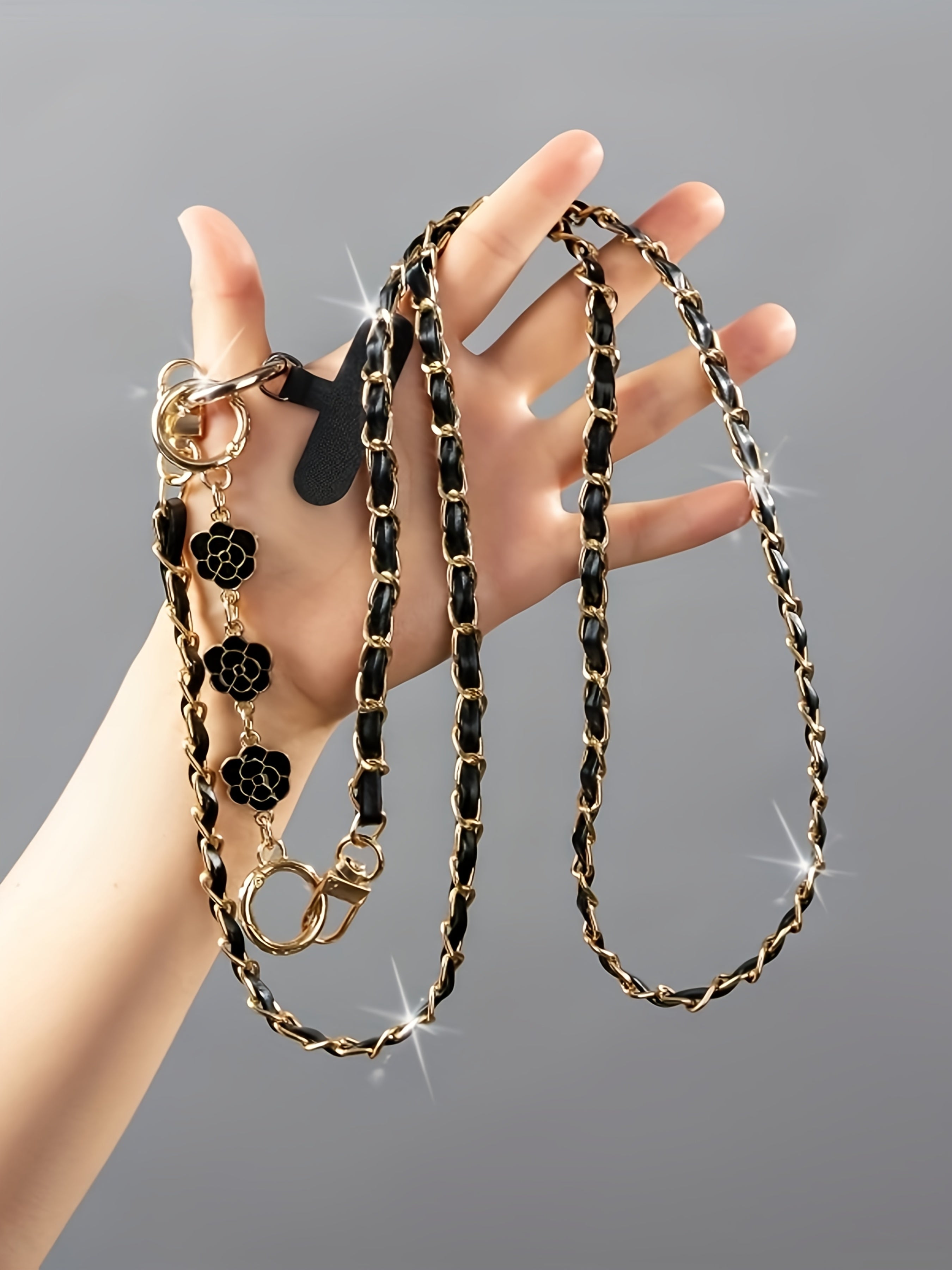 Long Crossbody Pearl Camellia Phone Strap with Metal Pearl Charm And Chain.
