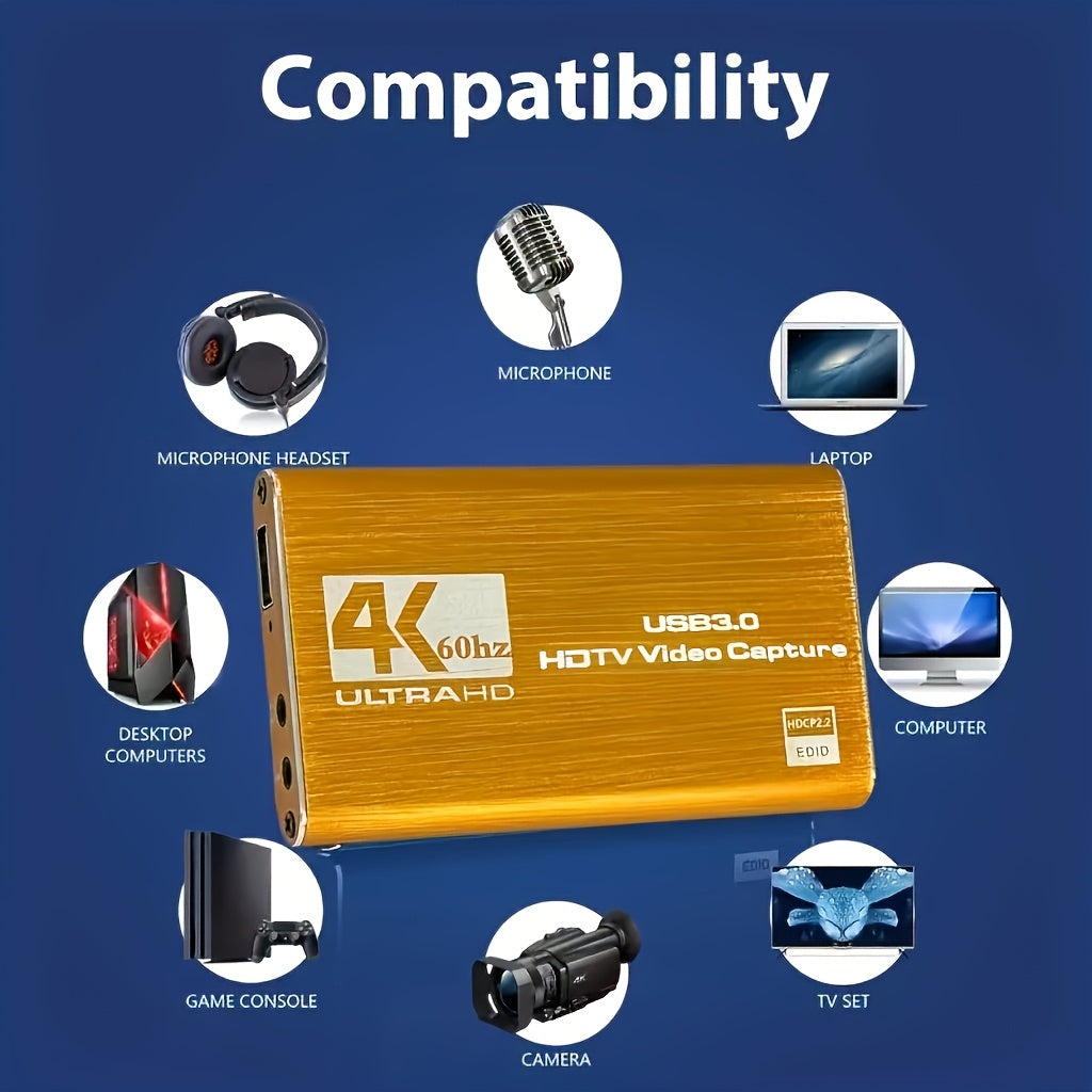 A USB 3.0 Video Capture Card Supporting 4K UHD 60Hz, 1080P 60Frame HD Recorder, Compatible with Live Game Streaming And OBS Capture