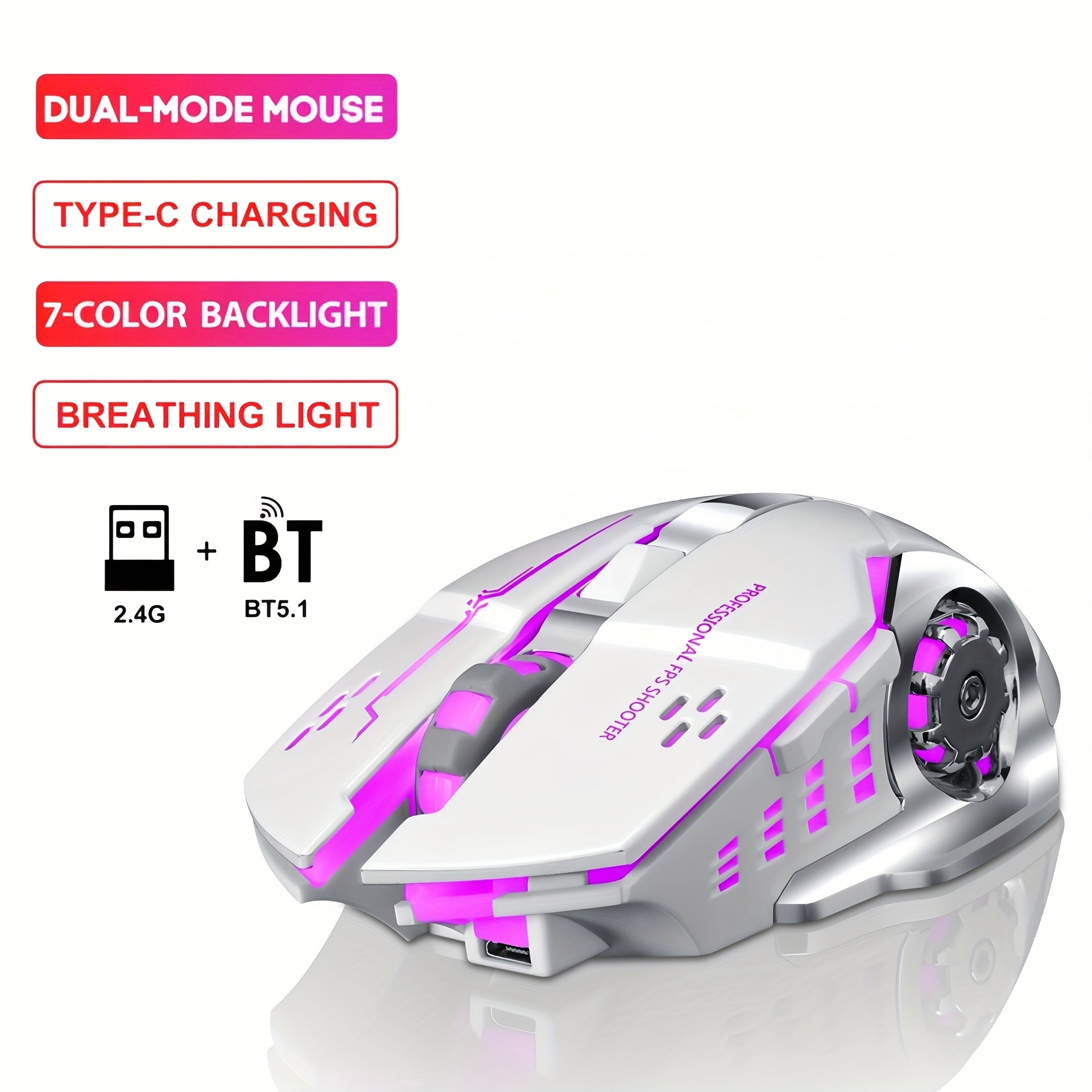 Silent Wireless Mouse - T-WOLF Rechargeable BT5.0 + 2.4G Dual-Mode Office Mouse, Full-Size Ergonomic Comfort for Extended Work, Study & Gaming, RGB Aesthetic Desk Setup Accessories, Back to School Gift