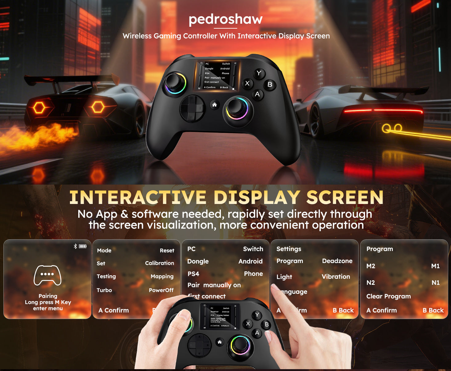 Interactive Wireless Gaming Controller with Touchscreen Compatible with Pc/Ps4/Switch/Android/Ios Devices Features 4 Programmable Buttons with Rapid-Fire Functionality Equipped with a Six-Axis Gyroscope And Dual Vibration Feedback, RGB Lighting