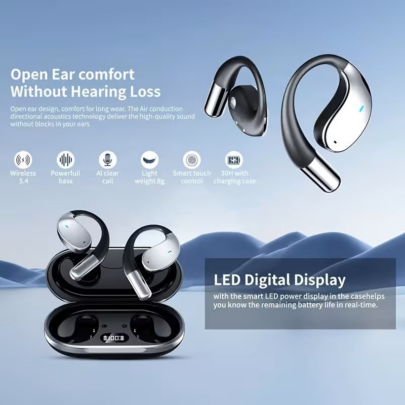 Wireless Bone Conduction Headphones Bluetooth 5.4, Open Ear Sports Earbuds with 80H Battery & LED Display, Stereo Bass Noise Cancelling Mic, Ideal Father's Day Gift for, Independence Day Gift
