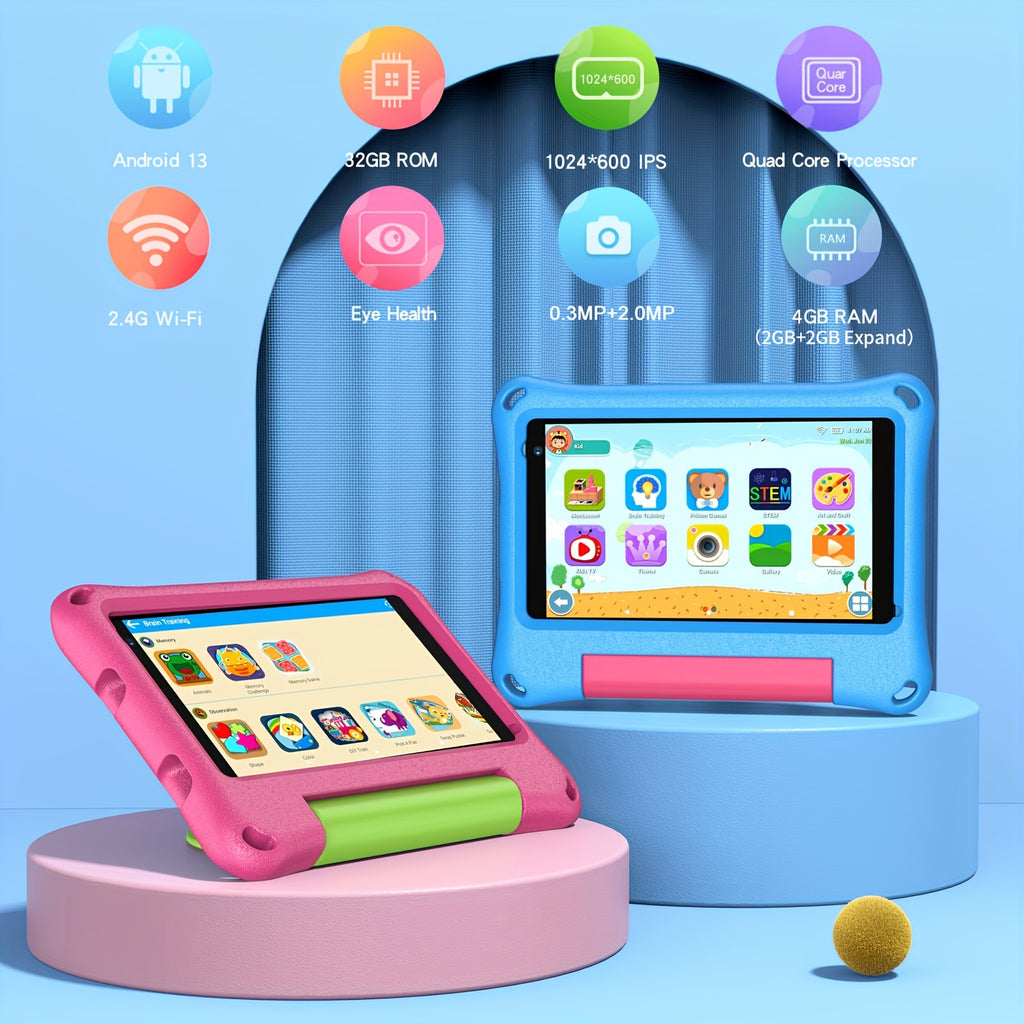 [Android 13, Portable] PRITOM Android 13 Kids Tablet Portable 7-Inch with Silicone Case, 4GB (2GB+2GB Expansion) RAM, 32GB ROM, Supports 1TB Expansion, Dual Wifi, Education, Parental Control, Tablet with Silicone Case, Quad-Core Processor, HD IPS Screen,