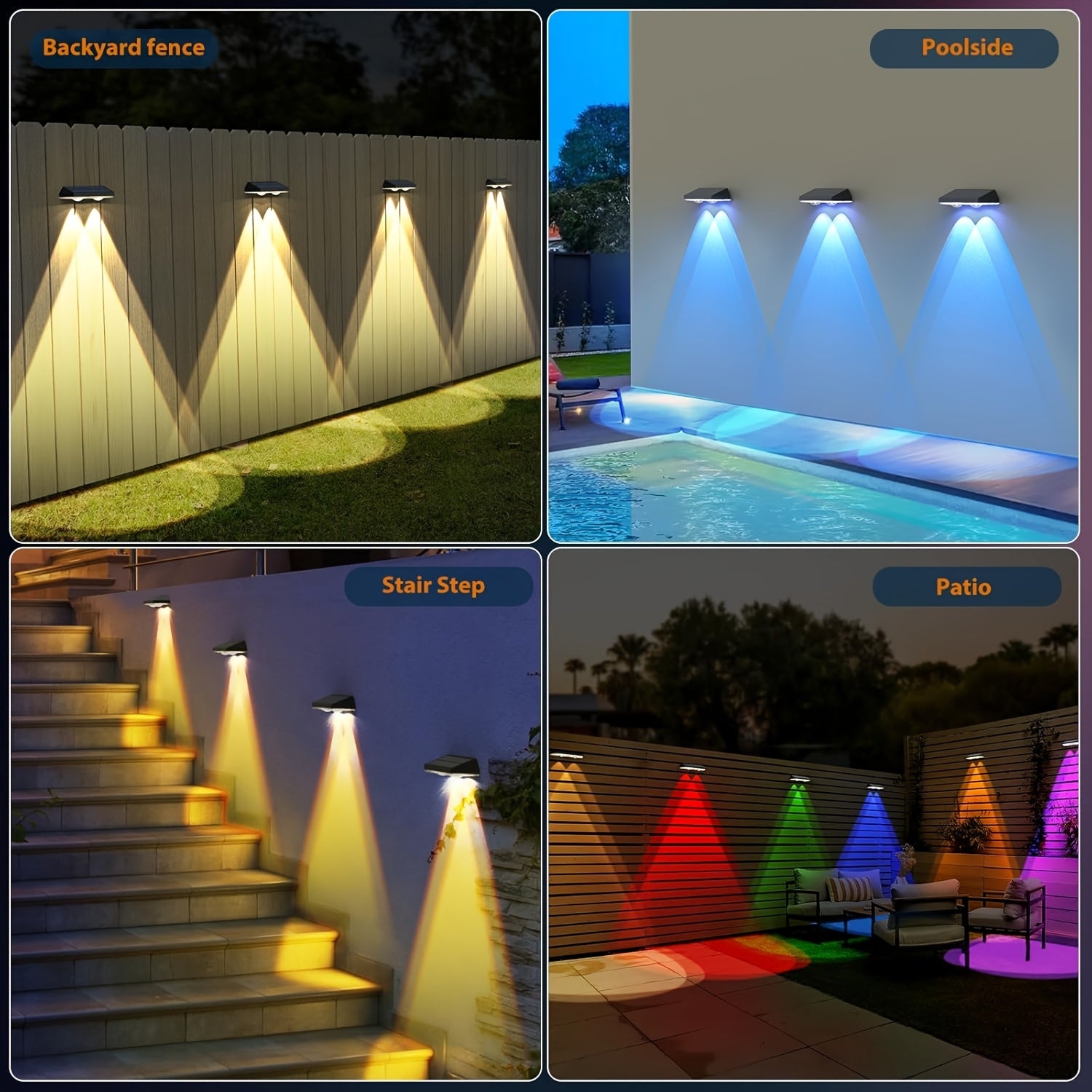 4/8 Packs Solar Fence Lights | Multicolor LED Garden Wall Lights, Outdoor Yard Landscape Villa Corridor Decorative Lighting for Halloween, Christmas, Thanksgiving | Smart Sensor Illumination, Wall Mount, Non-Removable Solar Battery, AIPUSI Brand