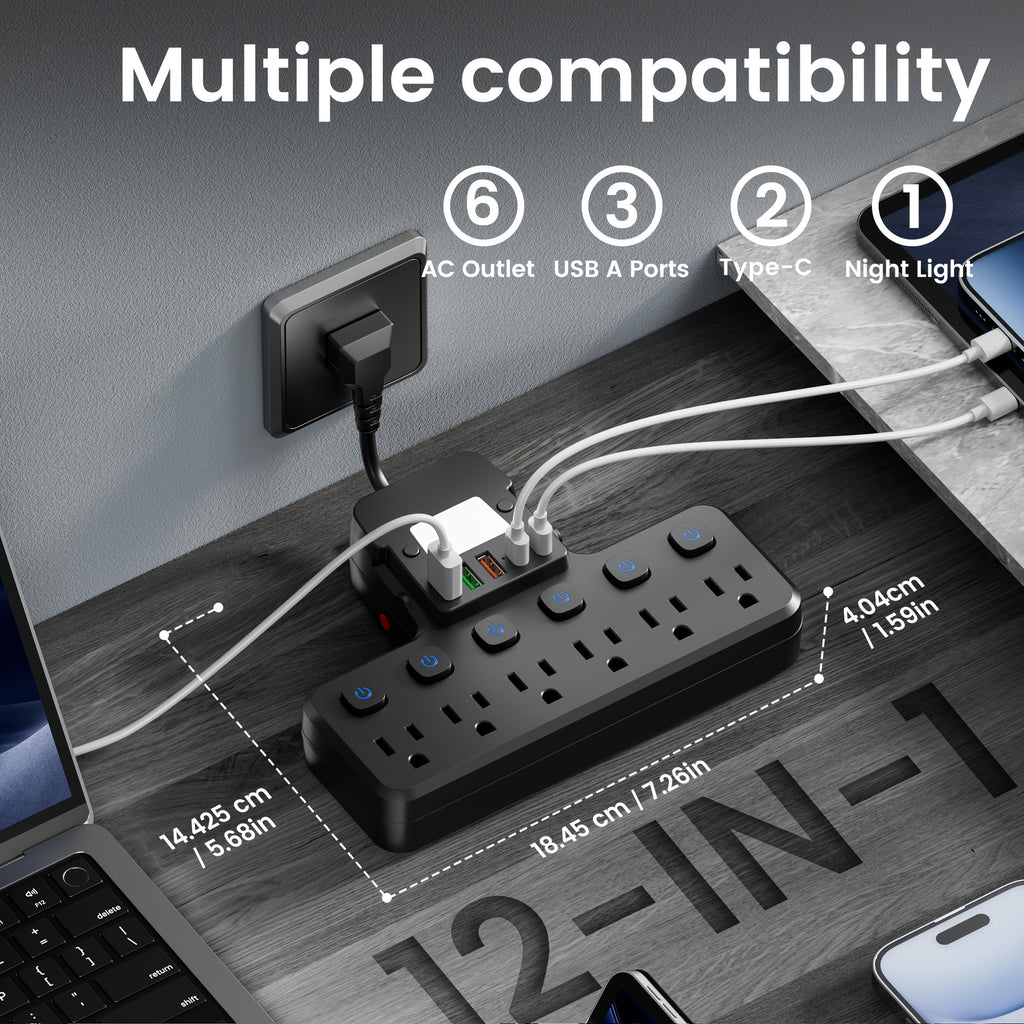 Multi-Functional Socket, USB Wall Charger, Surge Protector, 6-Outlet Power Strip with 5 USB Charging Ports (2 USB-C) And Night Light, Adapter for Home, Travel And Office Use