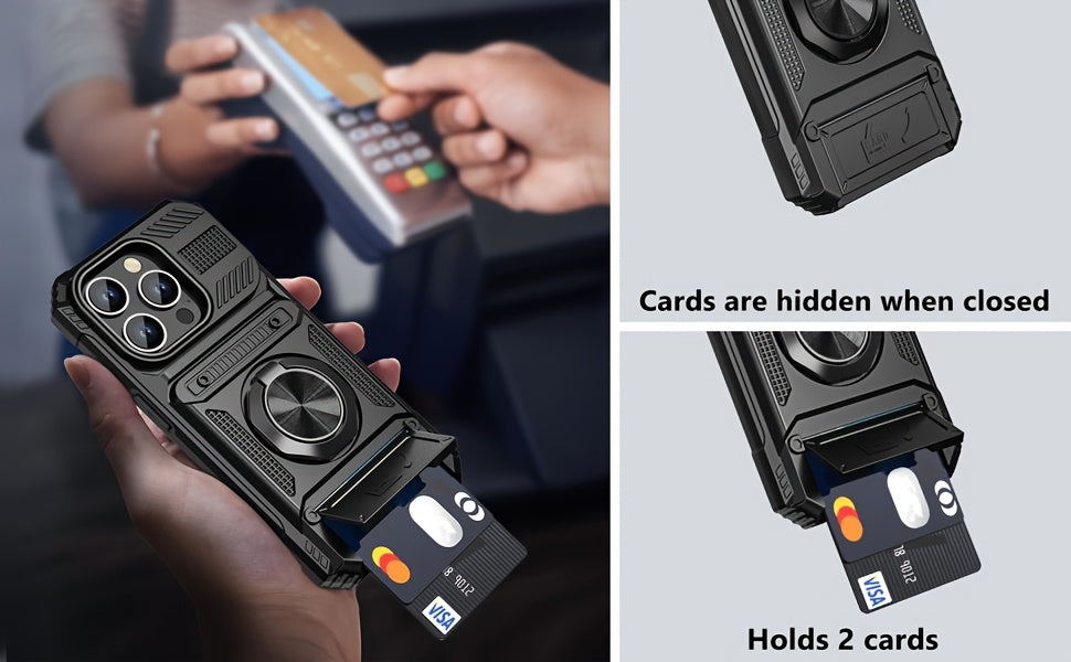 Phone Case: for iPhone 16 15 14 13 11 Pro Max 14 15 16Plus 7 8Plus Series Heavy Duty Shockproof 360° Rotating Metal Stand Mobile Phone Hard Shell with Dual Card Slot Design