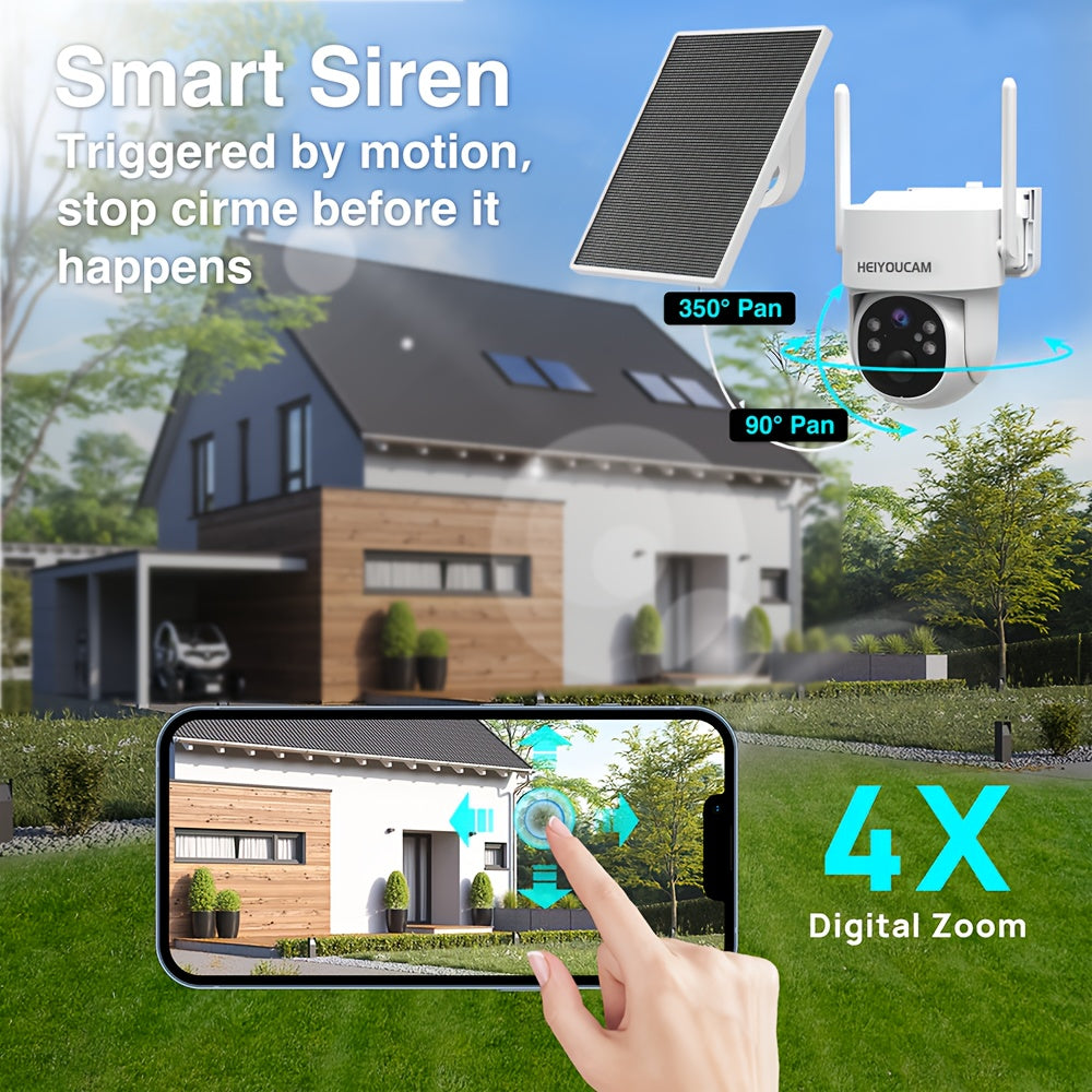 4K Solar Security Cameras Wireless Outdoor, 360° View Pan/Tilt WiFi Security Camera Outside with Color Night Vision, PTZ Surveillance Camera with PIR, Easy to Install, PIR Alarm, 2-Way Audio, SD/Cloud,