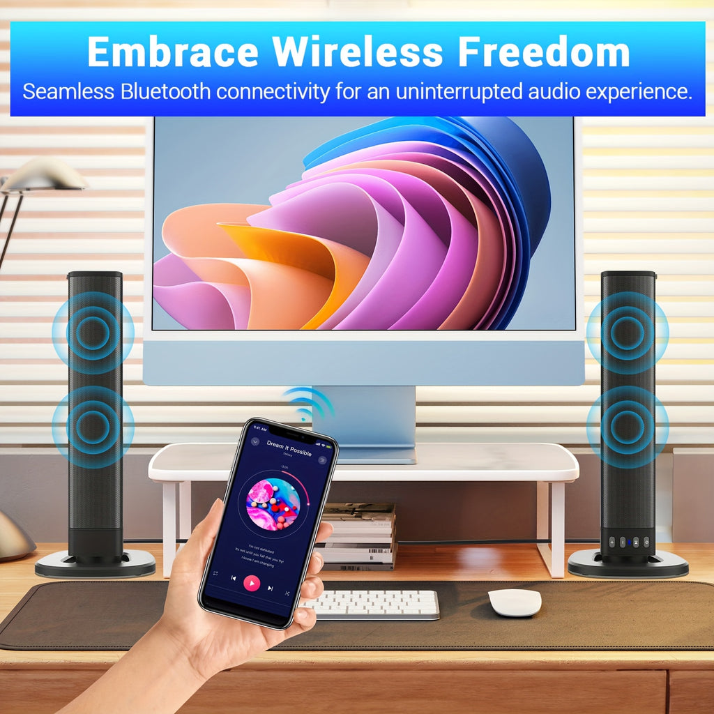 Wireless Sound Bar for Smart TV, Surround Soundbar with Bluetooth/RCA/AUX Connect, Volume Control, 2in 1 Detachable Soundbar for TV/PC/Gaming/Projectors
