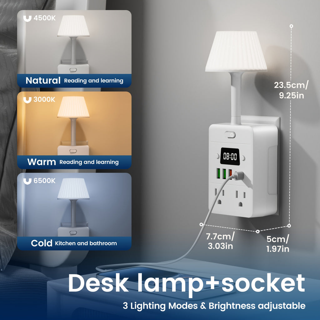 11-In-1 Multifunctional Power Strip with Built-In Overload Protection. 1 Desk Lamp, 1 Digital Display Clock, 4 Power Outlets, 3 USB-A And 2 USB-C. Power Extender, Power Outlet Converter, Wall-Mountable Desktop Charging Station for School, Home