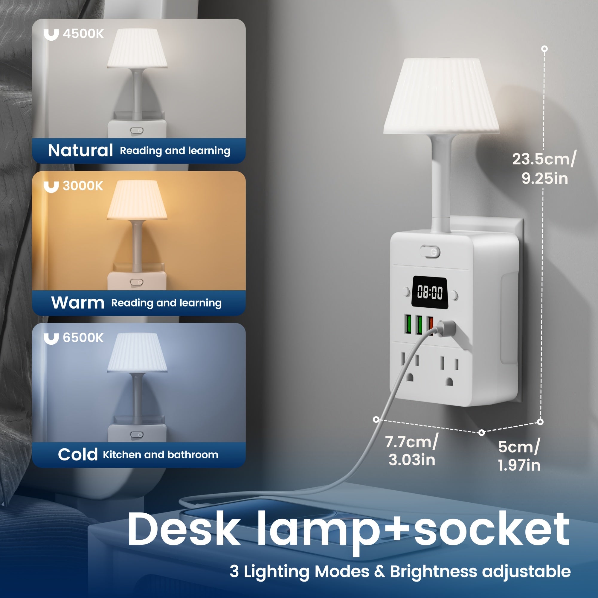 11-In-1 Multifunctional Power Strip with Built-In Overload Protection. 1 Desk Lamp, 1 Digital Display Clock, 4 Power Outlets, 3 USB-A And 2 USB-C. Power Extender, Power Outlet Converter, Wall-Mountable Desktop Charging Station for School, Home