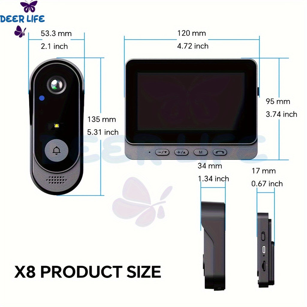Smart HD WiFi Doorbell, High Quality High-Quality Wireless Camera with Night Vision, Voice Converter, Photos & Videos, 4.3-Inch Screen, 365-Day Standby, Infrared Night Light, Expandable to 128GB Storage, Auto-Recording and Live Call, Home Pet