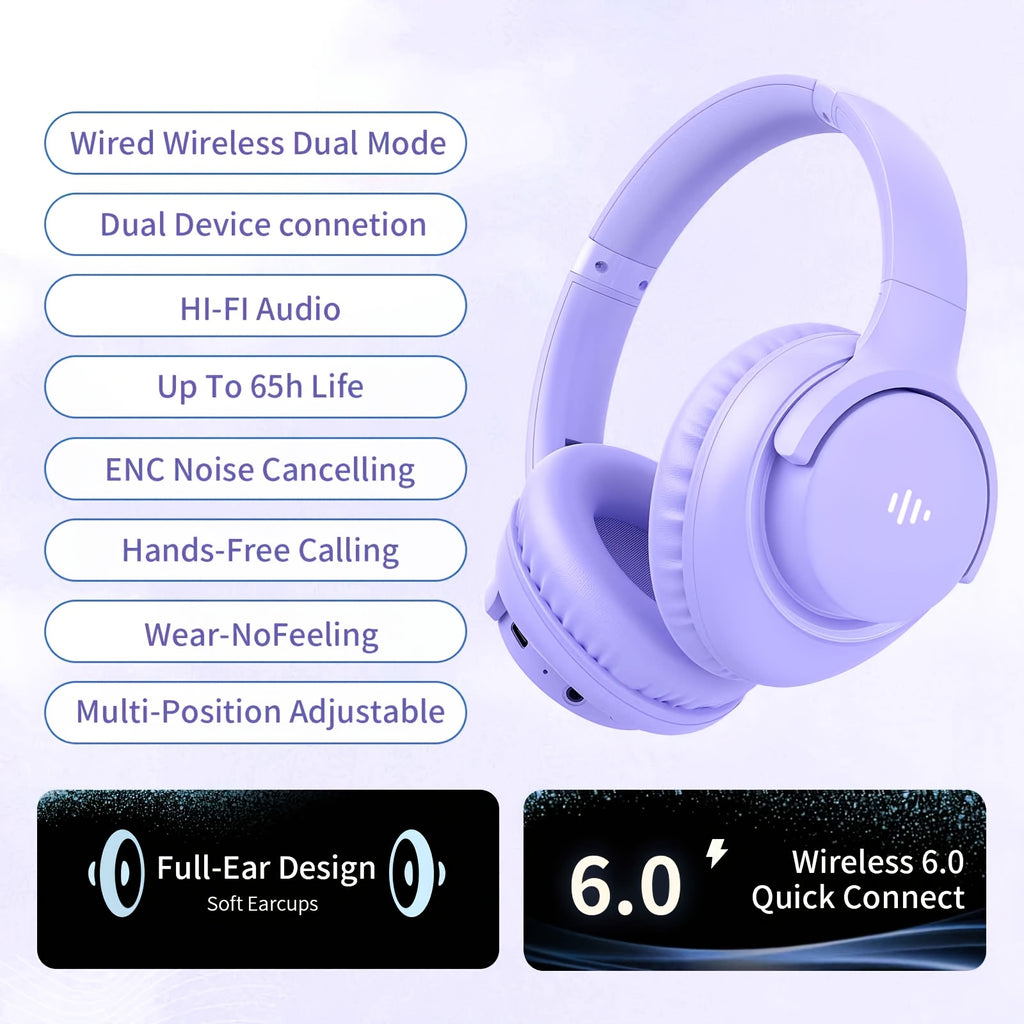KVIDIO Wireless Over-Ear Headphones, Rich Bass, Hifi Stereo, Low Latency, 65 Hours Ultra-Long Battery Life, with Microphone, Foldable Lightweight Design, Suitable for Travel, Work