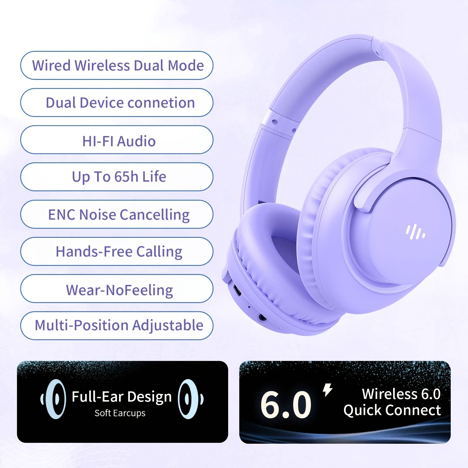 KVIDIO Wireless Over-Ear Headphones, Rich Bass, Hifi Stereo, Low Latency, 65 Hours Ultra-Long Battery Life, with Microphone, Foldable Lightweight Design, Suitable for Travel, Work