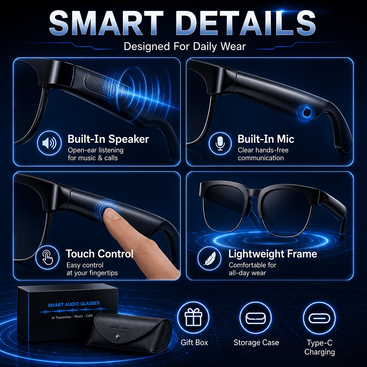 2026 Smart Audio Glasses Gift Set with Case, AI Translation Glasses, Bluetooth Glasses, Open Ear Audio Glasses with Built In Mic, Hands Free Calling Wireless Music Smart Fashion Glasses for Travel Driving Outdoor Business Tech Gift