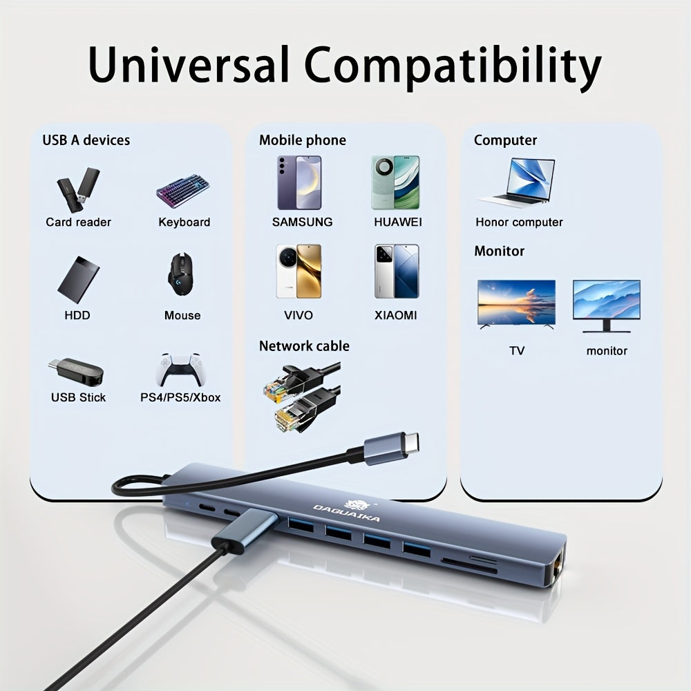 USB C Hub Ethernet HDTV Adapter 10 In 1 Laptop Docking Station With 4K HDTV RJ45 Ethernet SD/TF Card Reader USB 3.0/2.0 PD 100W LAN USB-C Dongle For MacBook Pro/Air Pad Pro, XPS, Etc