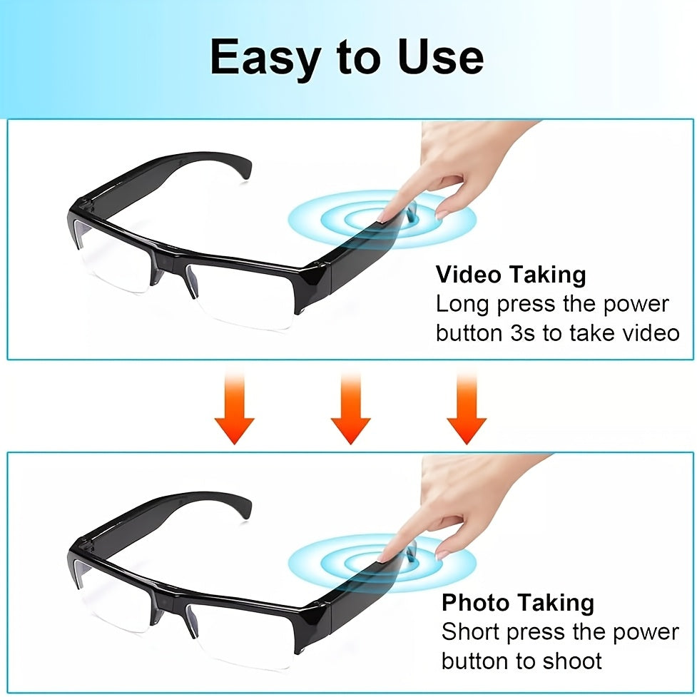 1pc Video Glasses, 1080P HD Sports Camera, Portable Wearable Camera, Smart Glasses, 65° Wide-Angle Lens, Body Camera, with 32/64GB Storage Card, Driving Recorder Glasses, Cycling, Conference Recording, Christmas, Halloween