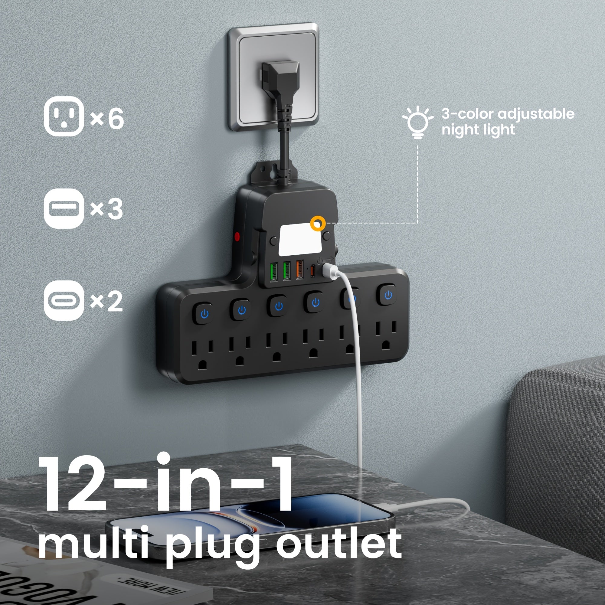 Multi-Functional Socket, USB Wall Charger, Surge Protector, 6-Outlet Power Strip with 5 USB Charging Ports (2 USB-C) And Night Light, Adapter for Home, Travel And Office Use