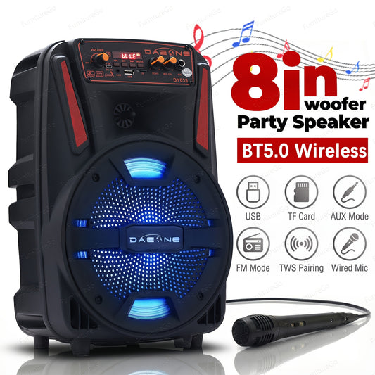 [Portable BT Speaker] 8" Portable BT Wireless Speaker With LED Party Lights | TWS Stereo, FM Radio, USB/TF Playback, AUX, Wired Microphone