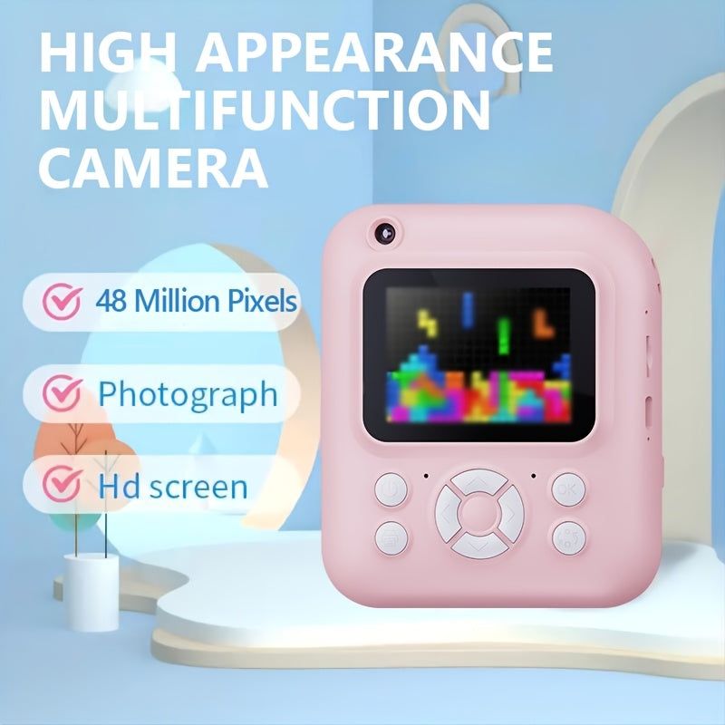 W&O Instant Print Camera With Print Paper - 48MP Digital Camera With Flash, MP4, Puzzle Game, 32G TF Card And Card Reader, Outdoor Photography Mini Digital Camera Printer With 2.4'' 1080P FHD Cartoon Photo Mini Camera - Great Birthday Christmas Gift