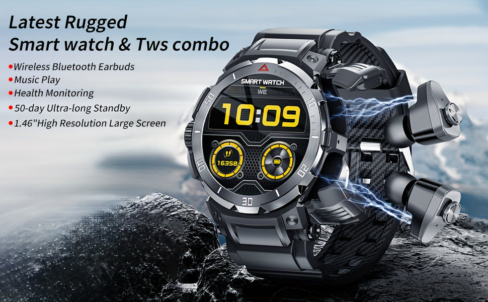 Outdoor Smart Watch Built-in Earphones Weather Calorie Counter Fitness Tracker with 100+ Sports Modes 1.46 Inch IPS Touch Screen Alarm Reminder Remote Control Smart Watch for iPhone/Android Phones