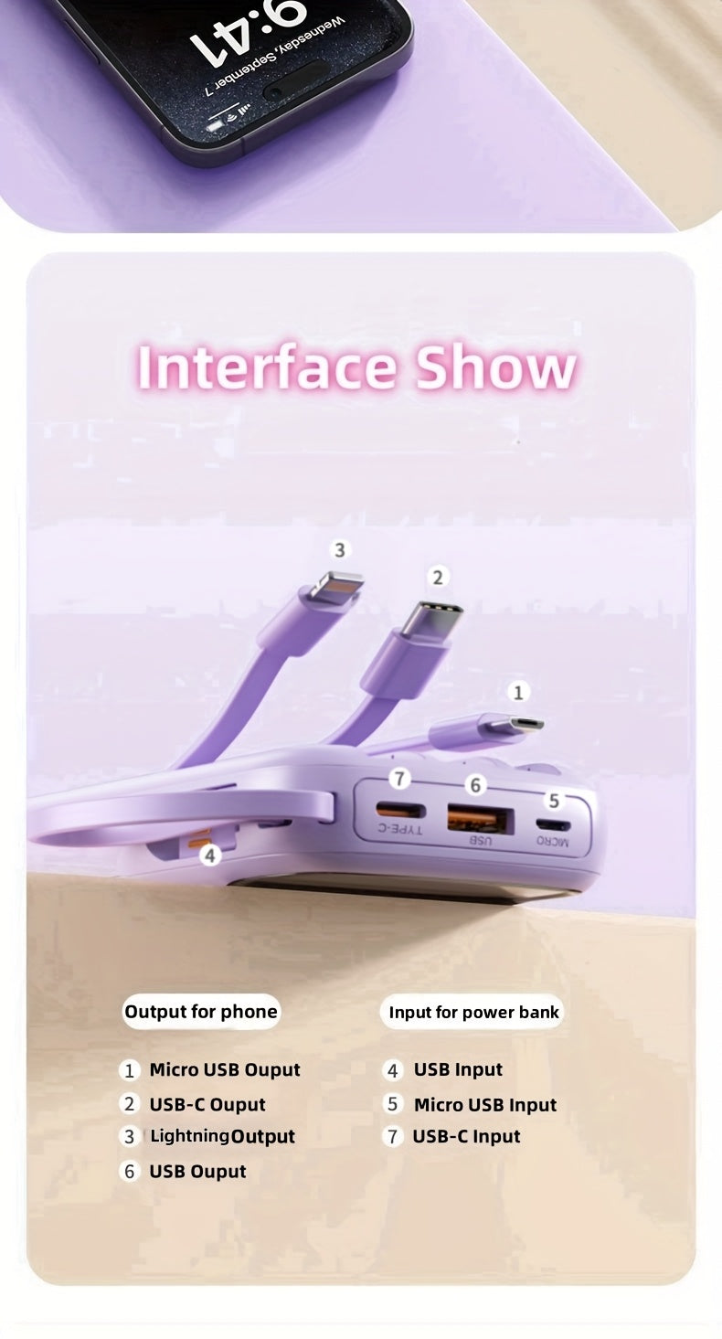 10000mAh Pocket Size Mini Cute 5W Slow Charging/15W Fast Charging/22.5W Super Fast Charging Portable Cartoon Power Bank, Small Size Large Capacity High Appearance, Built-with 3 Cables, High-Speed Rechargeable Battery, Travel Must Have, for iPhone