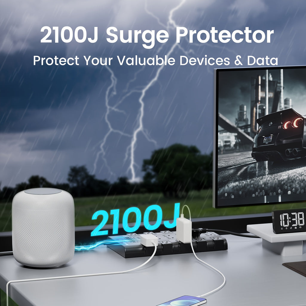28-in-1 Surge Protector Power Strip With Control Switch, 22 Spacious AC Outlets With 6 USB Ports (1 USB-C PD24/45W), 2100 Joules, Wall-Mountable 5/8/9/10/13Ft Extension Cord, Flat Plug, Multi-Outlet Power Bar With Overload Protection For Home