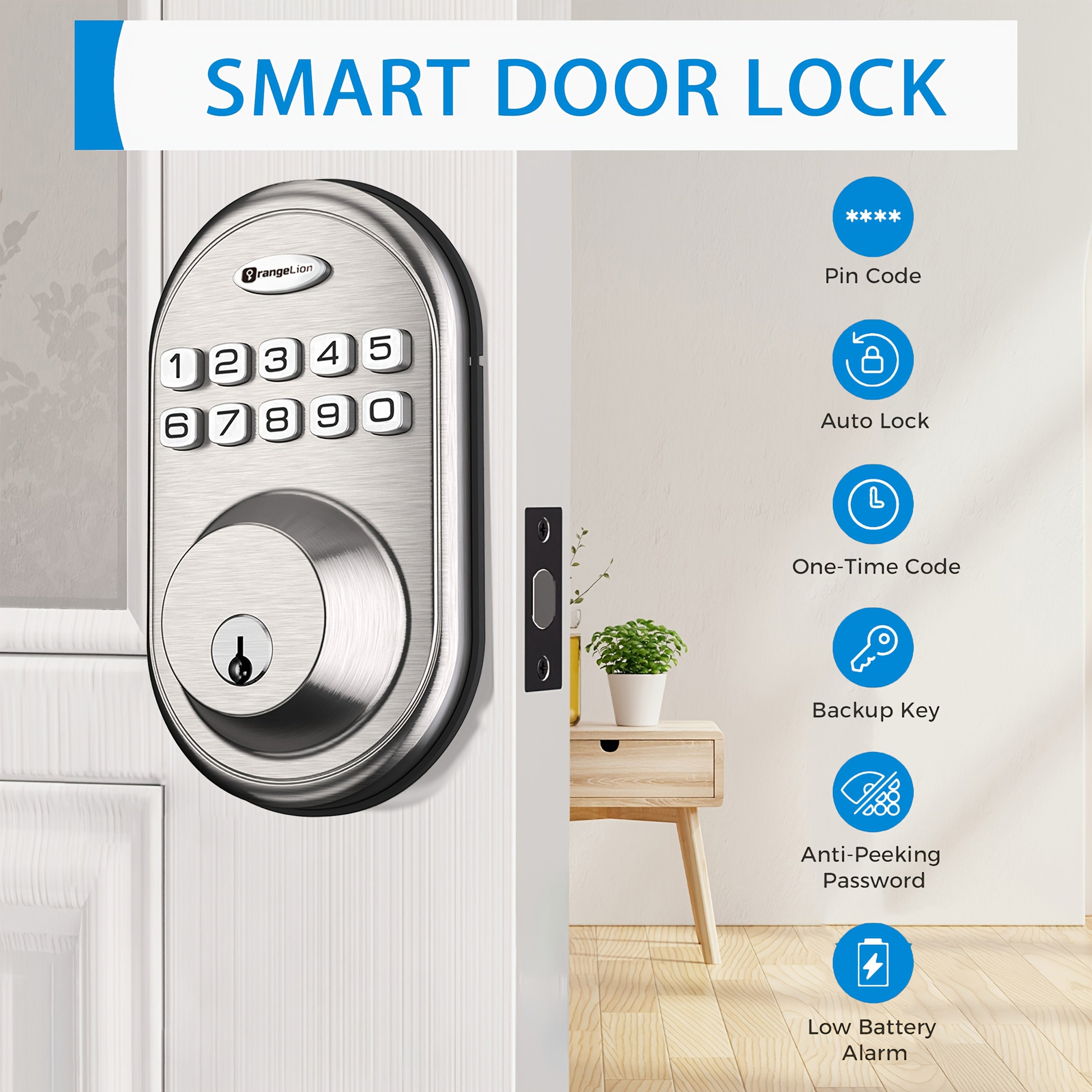 Keypad Door Lock, Keypad Deadbolt, Keyless Entry Door Lock, Electronic Keypad Smart Lock, 100-Code Capacity, Backup Key, Auto-Lock Feature, Anti-Peeping Code, Fits Most Standard Doors, Villas, Courtyards, Apartments (Batteries Not Included