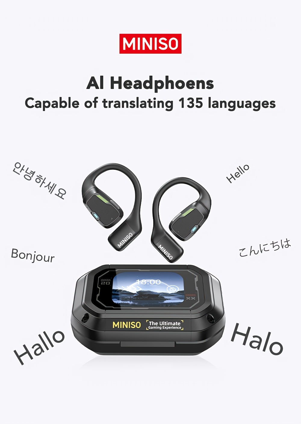 MINISO M98 AI Translation Wireless Earbuds Feature Open-Ear Design And Support for 135 Languages with Real-Time Translation. These Headphones Come with a Full-Color Display, Touch Screen, And Gaming Headset Capabilities